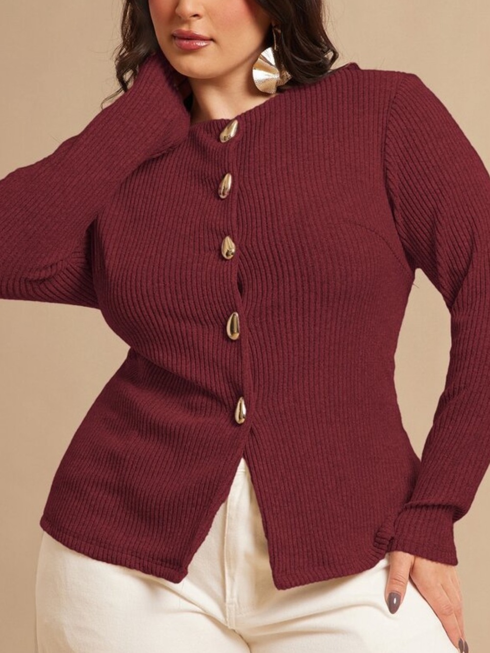 Burgundy Ribbed Button-Front Sweater - Picture 5 of 8